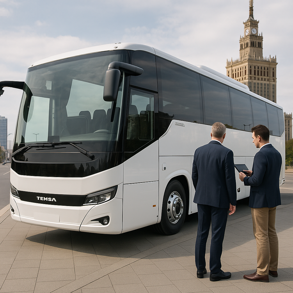 Właściciel firmy wybiera autokar od GENOMAR dla firmy turystycznej w Warszawie obok nowoczesnego autokaru firmy TEMSA Właściciel firmy wybiera autokar od GENOMAR dla firmy turystycznej w Warszawie obok nowoczesnego autokaru firmy TEMSA