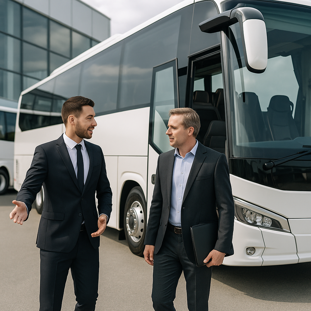 Jak kupić autokar lub autobus – klient ogląda ofertę autokaru u dealera